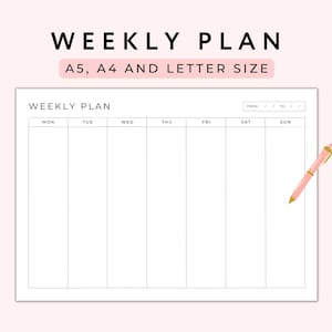 Weekly Planner Printable Landscape, Minimal Weekly Schedule, Weekly Organizer, Weekly Agenda, Weekly Calendar, Office Planner, A5/A4/Letter