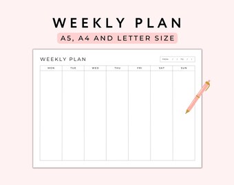 Planejador Semanal Minimalista para Imprimir: Organizador de Paisagem (A5/A4/Carta) (PDF)