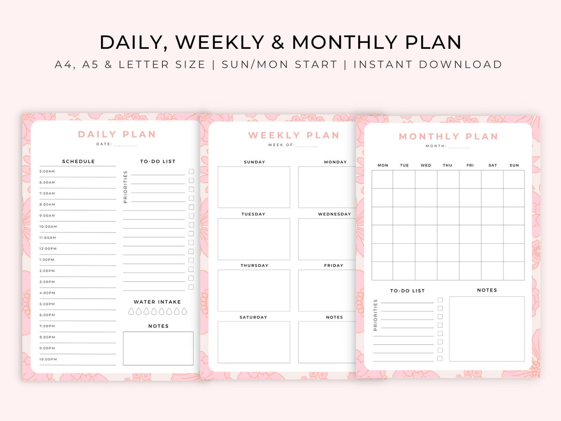 Printable Daily Weekly Monthly Planner: A5/a4/letter (PDF) - Etsy