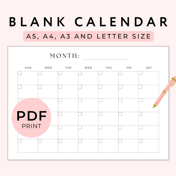 Blank Monthly Calendar Printable, Blank Calendar Printable, Blank Calendar Page, Calendar Template Landscape, Monthly Agenda,A5/A4/A3/Letter