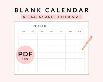 Blank Monthly Calendar Printable, Blank Calendar Page, Calendar Template, Blank Calendar Printable, Minimalist Calendar, A5/A4/A3/Letter