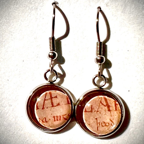 Cabochon Earrings from Recycled textbook - Beowulf manuscript Old English (0016)