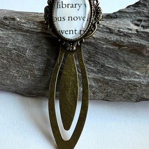 Bookmark from Recycled Book - Antique Bronze w/ page clipping &quot;library & novel&quot; (0184)