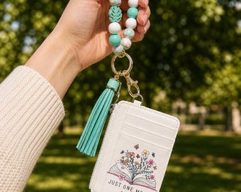 Floral Book Wristlet Keychain Wallet, Reader Card Holder, Beaded Tassel Accessory