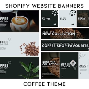 May include: A set of nine website banners for a coffee shop. The banners feature images of coffee beans, coffee drinks, and text that says "Shop Coffee", "On the Blog", "Discover Beans", "New Collection", "30% Off Limited Time Only Coffee Shop Favourites", "Shop the Collection", "Get in Touch", and "About Us".