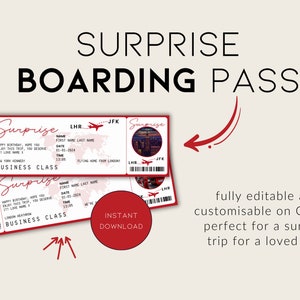 Op de afbeelding: Bewerkbare, afdrukbare instapkaart sjabloon met de tekst "Surprise" en "Business Class" in rood. De sjabloon bevat een wereldkaart en een vliegtuigpictogram. De tekst "Direct Downloaden" is ook inbegrepen.