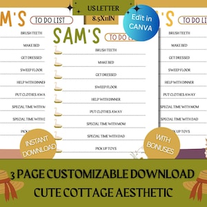 May include: A printable to-do list for kids featuring a cute cottagecore aesthetic with a swan illustration and mushrooms. The list includes tasks like brushing teeth, making the bed, getting dressed, sweeping the floor, helping with dinner, putting clothes away, and spending special time with mom and dad. The printable also includes a section for bonus activities like picking up toys.