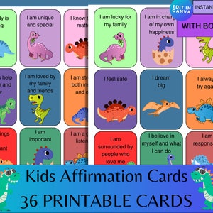 Mazzo di affermazione digitale per bambini, Carte motivazionali quotidiane per bambini, Nota sull'autostima dei dinosauri, Nota edificante per il pranzo al sacco per le giovani menti