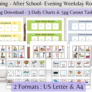Peut inclure: Cartes de routine imprimables pour enfants avec des images d'activités quotidiennes. Les cartes sont intitulées "Routine du matin", "Routine après l'école" et "Routine du soir". Le texte "8pg Download - 3 Daily Charts & 5pg Cutout Tasks" est en haut de l'image.
