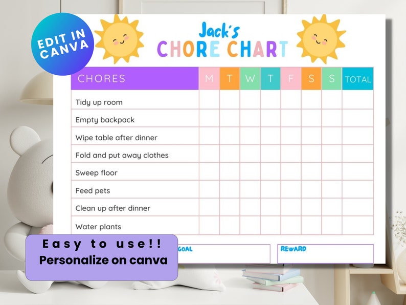 Personalized Kids Chore Chart, Children's Task Template, Editable Chore ...