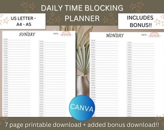 May include: Printable daily time blocking planner with a rainbow design. The planner includes pages for Sunday and Monday, with space for scheduling from 5:00 AM to 11:00 PM. The planner is available in US Letter, A4, and A5 sizes.