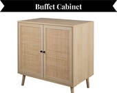 Rattan Sideboard Buffet Cabinet, Storage Cabinet Console Table with Adjustable Shelves for Living Room, Dining Room, Bedroom (Natural)