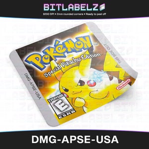 May include: A yellow and black video game cartridge label for the game "Pokémon Special Pikachu Edition" for the Game Boy Color. The label features a cartoon image of Pikachu with the text "THIS SIDE OUT" on the right side.