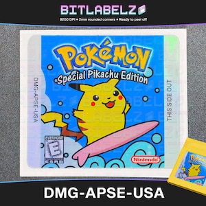 May include: A yellow and blue video game cartridge label featuring a cartoon Pikachu surfing on a pink surfboard. The label reads "Pokémon Special Pikachu Edition" and "DMG-APSE-USA".