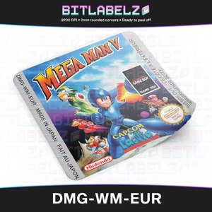 May include: A blue and white Game Boy cartridge label for Mega Man V. The label features a blue background with a white border and the text "Mega Man V" in large white letters. The label also features a picture of Mega Man, a blue robot, in the center of the label. The label is for the Game Boy and is made in Japan.