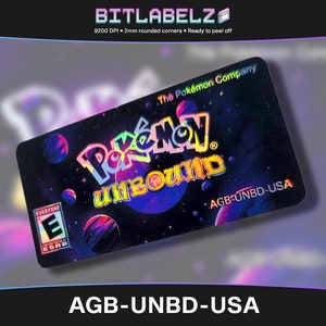 May include: A black and purple video game cartridge label with a holographic finish. The label features the text "Pokémon UNBOUND" and the game rating "E for Everyone". The label also includes the text "The Pokémon Company" and "AGB-UNBD-USA".