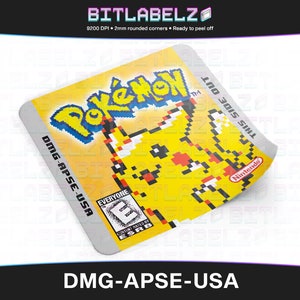 May include: A yellow and black video game cartridge label with the text "Pokémon" and "DMG-APSE-USA". The label features a pixelated image of Pikachu, the mascot of the Pokémon franchise. The label is rated "E" for Everyone by the ESRB.