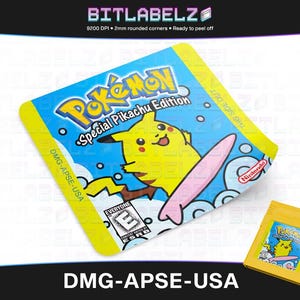 May include: A yellow and blue sticker featuring Pikachu surfing, with the text "Pokémon Special Pikachu Edition." The sticker is for a Nintendo Game Boy game. The sticker has rounded corners and is ready to peel off.