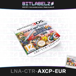 Puede incluir: Una etiqueta de cartucho de juego de Nintendo 3DS para Super Smash Bros. para Nintendo 3DS. La etiqueta es roja, blanca y azul con una clasificación de 12+ y el texto "Frei ab 12 Jahre" en alemán. La etiqueta también incluye el texto "LNA-CTR-AXCP-EUR".