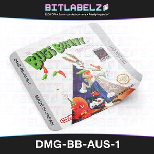 Könnte beinhalten: Ein Game Boy-Cartridge-Etikett für das Spiel "The Bugs Bunny Crazy Castle" mit dem Text "DMG-BB-AUS-1" und "Made in Japan". Das Etikett zeigt ein Cartoon-Bild von Bugs Bunny und einer schwarzen Katze.