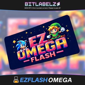 May include: A black sticker with a pixelated design featuring a blue and white character, a green and yellow character, and the text "EZ OMEGA -FLASH-". The sticker is on a white background.