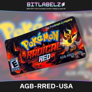 May include: A black and red video game cartridge label with the text "Pokémon Radical Red" and "AGB-RRED-USA". The label features a cartoon image of a Pokémon character.