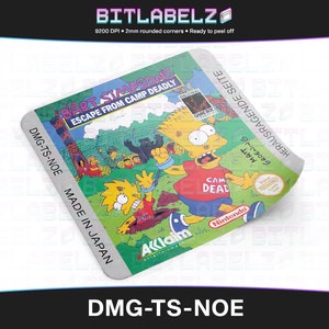 May include: A Game Boy cartridge label for the game "Bart Simpson's Escape from Camp Deadly". The label is white with a green, blue, and yellow image of Bart Simpson running from a camp. The text "DMG-TS-NOE MADE IN JAPAN" is printed on the left side of the label.