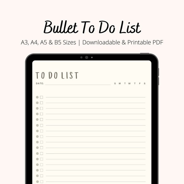 Minimalistic Bullet To Do List, Productivity Planner, Undated Task List, A3/A4/A5/B5 Downloadable and Printable PDF, Simple To Do List