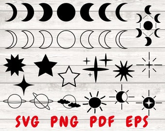 Phase de lune Svg, Svg céleste, lune, croissant de lune, Svg bohème, sorcière, Svg mystique, clipart lune, étoile Svg, Svg scintillant