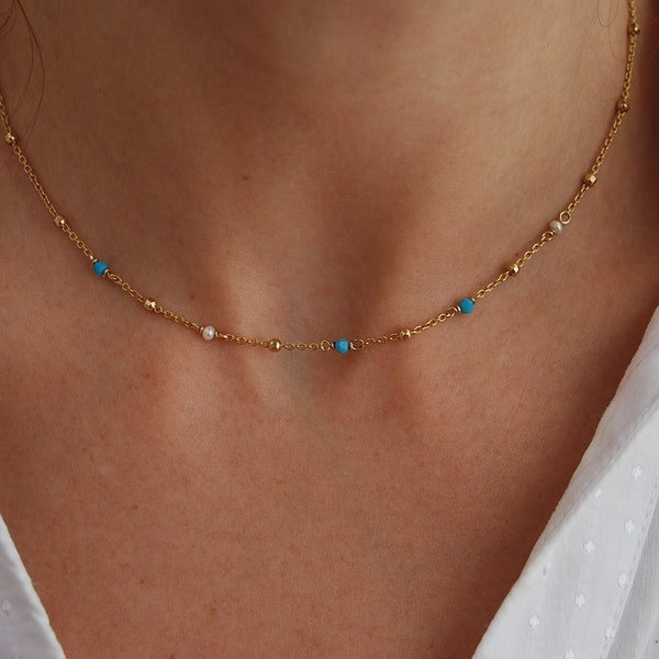 Collana di perle turchesi, collana in argento 925, collana di palline delicate, collana di pietre preziose, collana minimale, argento sterling