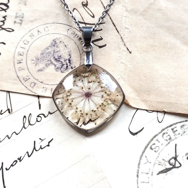 Pendant with a pressed flower, Real dried plants on a chain, Botanical necklace for modest styling, Subtle neck decoration.