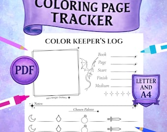 Fantasy Coloring Page Tracker Printable PDF, Blank Template Color Organizer Log for Each Page,