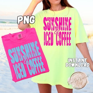 Png de verano, diseño de sol y café helado, Png de playa con piscina desgastada, Png de camisa de color neón, vibraciones de verano, PNG tropicales divertidos y modernos