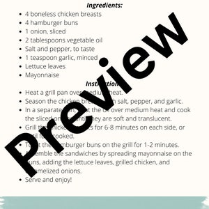 May include: A printable recipe list for grilled chicken sandwiches. The recipe includes ingredients like boneless chicken breasts, hamburger buns, onion, vegetable oil, salt, pepper, garlic, lettuce leaves, and mayonnaise. The instructions include grilling the chicken breasts, toasting the hamburger buns, and assembling the sandwiches.