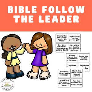 Könnte beinhalten: Eine farbenfrohe, lehrreiche Grafik mit dem Text "BIBLE FOLLOW THE LEADER". Zwei Zeichentrickfiguren sind abgebildet, mit verschiedenen biblischen Aktionen, die in Kästchen aufgelistet sind.
