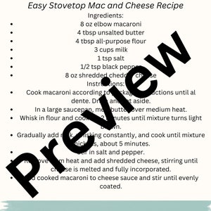 May include: A printable recipe card for Easy Stovetop Mac and Cheese. The recipe lists ingredients such as elbow macaroni, unsalted butter, all-purpose flour, milk, salt, black pepper, and shredded cheddar cheese. The instructions include cooking the macaroni, whisking flour and butter in a saucepan, adding milk, and stirring in the cheese.