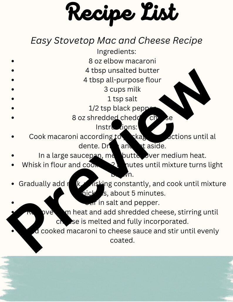May include: A printable recipe card for Easy Stovetop Mac and Cheese. The recipe lists ingredients such as elbow macaroni, unsalted butter, all-purpose flour, milk, salt, black pepper, and shredded cheddar cheese. The instructions include cooking the macaroni, whisking flour and butter in a saucepan, adding milk, and stirring in the cheese.