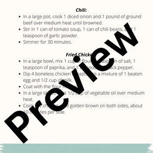 May include: A handwritten recipe list for chili and fried chicken. The chili recipe includes diced onion, ground beef, tomato soup, chili beans, and garlic powder. The fried chicken recipe includes flour, paprika, salt, pepper, chicken breasts, egg, and milk.