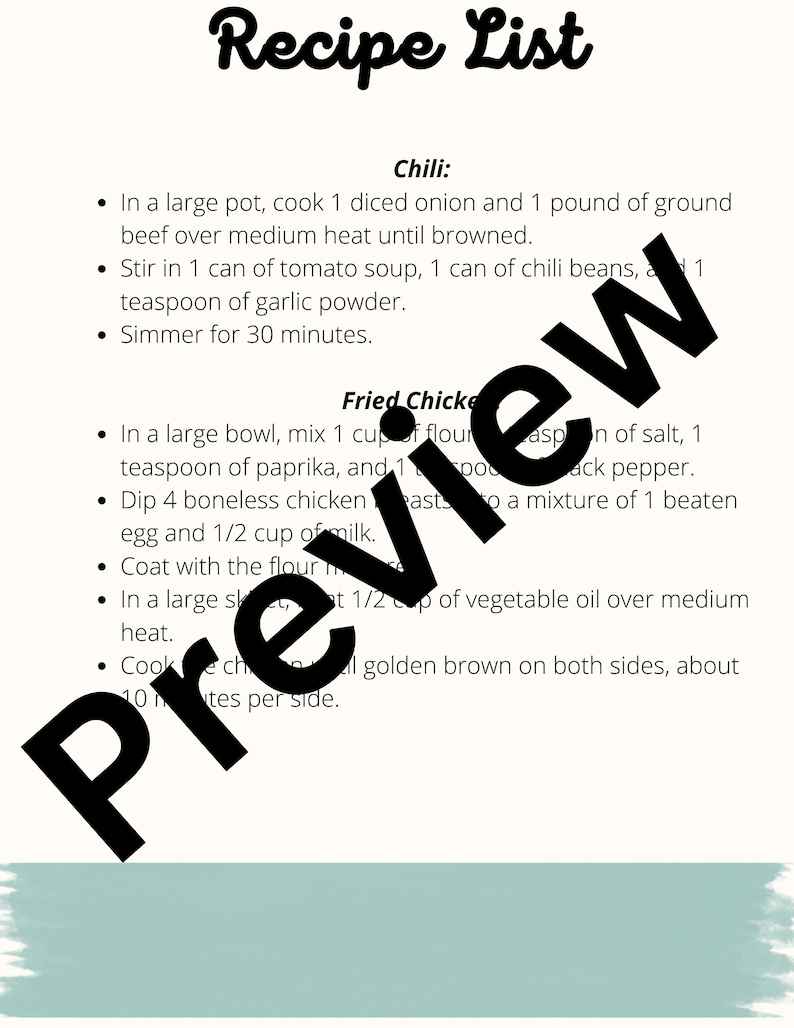 May include: A handwritten recipe list for chili and fried chicken. The chili recipe includes diced onion, ground beef, tomato soup, chili beans, and garlic powder. The fried chicken recipe includes flour, paprika, salt, pepper, chicken breasts, egg, and milk.