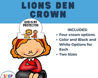 Puede incluir: Imagen de dibujos animados de un niño con una corona con el texto "DANIEL IN THE LIONS DEN CROWN". La corona tiene el texto "GOD IS MY PROTECTOR" e incluye un león y una persona. La imagen también incluye el texto "Cuatro opciones de corona, opciones de color y blanco y negro para cada una, dos tamaños".