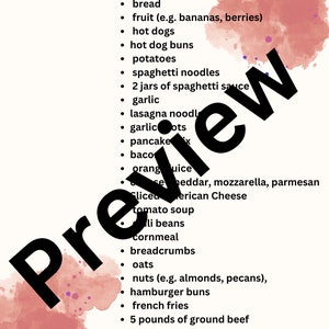 May include: A grocery list with a pink watercolor background. The list includes items such as eggs, bread, fruit, hot dogs, potatoes, spaghetti noodles, garlic, lasagna noodles, cheese, tomato soup, cornmeal, oats, nuts, hamburger buns, french fries, ground beef, ketchup, onion, and green beans.