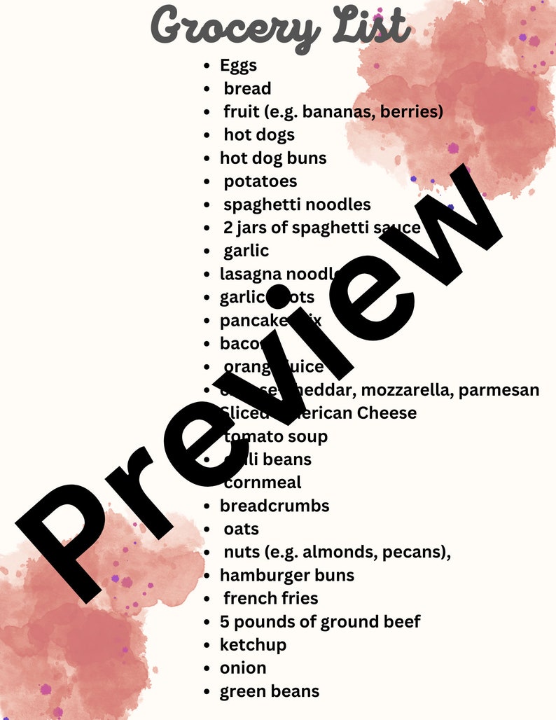 May include: A grocery list with a pink watercolor background. The list includes items such as eggs, bread, fruit, hot dogs, potatoes, spaghetti noodles, garlic, lasagna noodles, cheese, tomato soup, cornmeal, oats, nuts, hamburger buns, french fries, ground beef, ketchup, onion, and green beans.