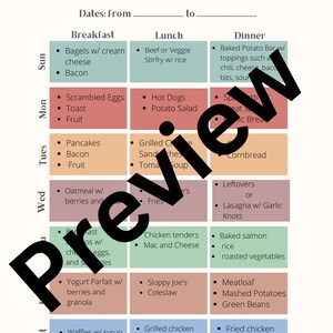 May include: A printable meal planner chart with a $100 budget. The chart is divided into days of the week, with columns for breakfast, lunch, and dinner. Each day has a list of meal ideas.