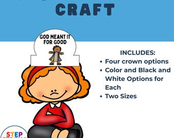 Puede incluir: Ilustración de dibujos animados de un niño con una corona con el texto "GOD MEANT IT FOR GOOD". La imagen incluye el texto "JOSEPH CROWN CRAFT" y detalles sobre las opciones y tamaños de la corona.