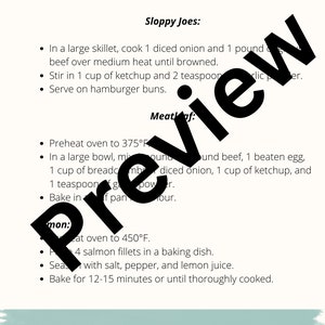 May include: A handwritten recipe list for Sloppy Joes and Meatloaf. The recipe for Sloppy Joes includes 1 diced onion, 1 pound of beef, 1 cup of ketchup, and 2 teaspoons of garlic powder. The recipe for Meatloaf includes 1 pound of beef, 1 beaten egg, 1 cup of breadcrumbs, 1 diced onion, 1 cup of ketchup, and 1 teaspoon of garlic powder.
