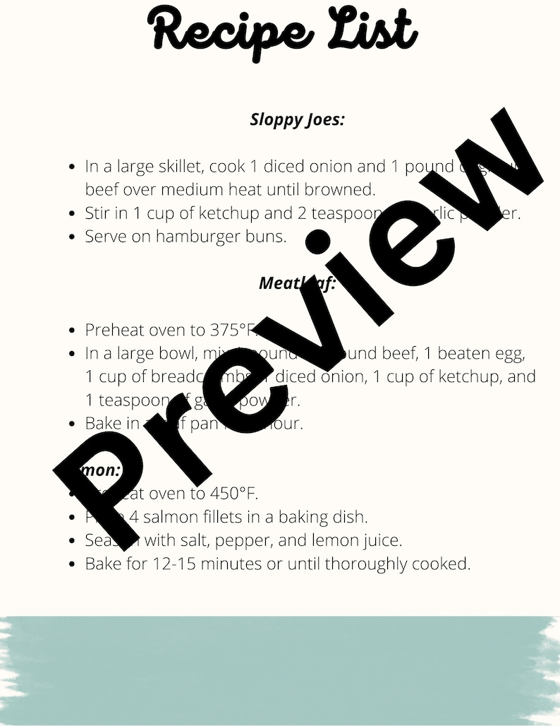May include: A handwritten recipe list for Sloppy Joes and Meatloaf. The recipe for Sloppy Joes includes 1 diced onion, 1 pound of beef, 1 cup of ketchup, and 2 teaspoons of garlic powder. The recipe for Meatloaf includes 1 pound of beef, 1 beaten egg, 1 cup of breadcrumbs, 1 diced onion, 1 cup of ketchup, and 1 teaspoon of garlic powder.