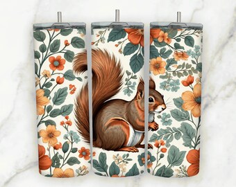Ilustração de esquilo de outono Envoltório floral de outono para copo magro de 20 onças Design de sublimação PNG Download digital cônico e reto