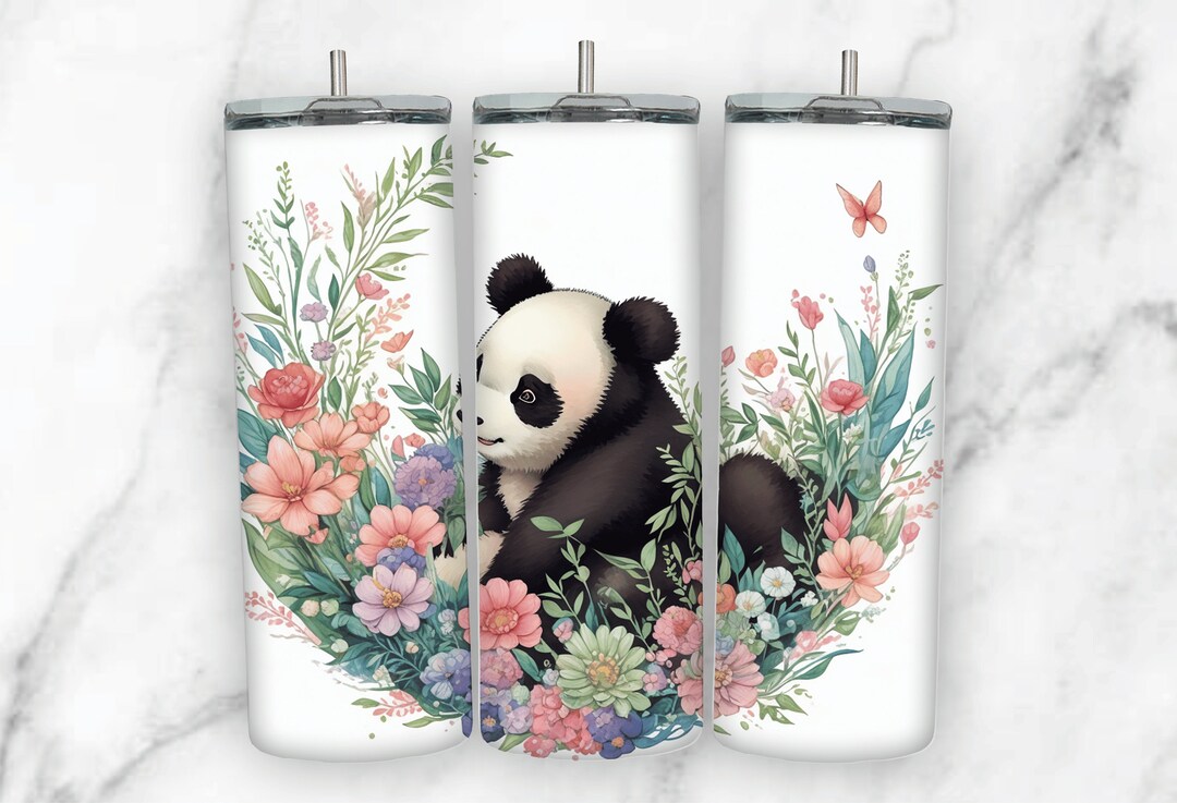 Cute Panda Bear in Flowers Tumbler Wrap for 20 Oz Skinny Tumbler PNG ...
