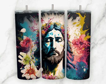 Emballage de verre d'art abstrait catholique chrétien de Jésus pour verre maigre de 20 oz, conception de sublimation PNG en téléchargement numérique, conique et droit