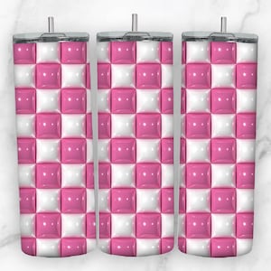 Envoltura de vaso a cuadros rosa inflado hinchado 3D sin costuras para vaso flaco de 20 oz Diseño de sublimación PNG Descarga digital Cónica y recta